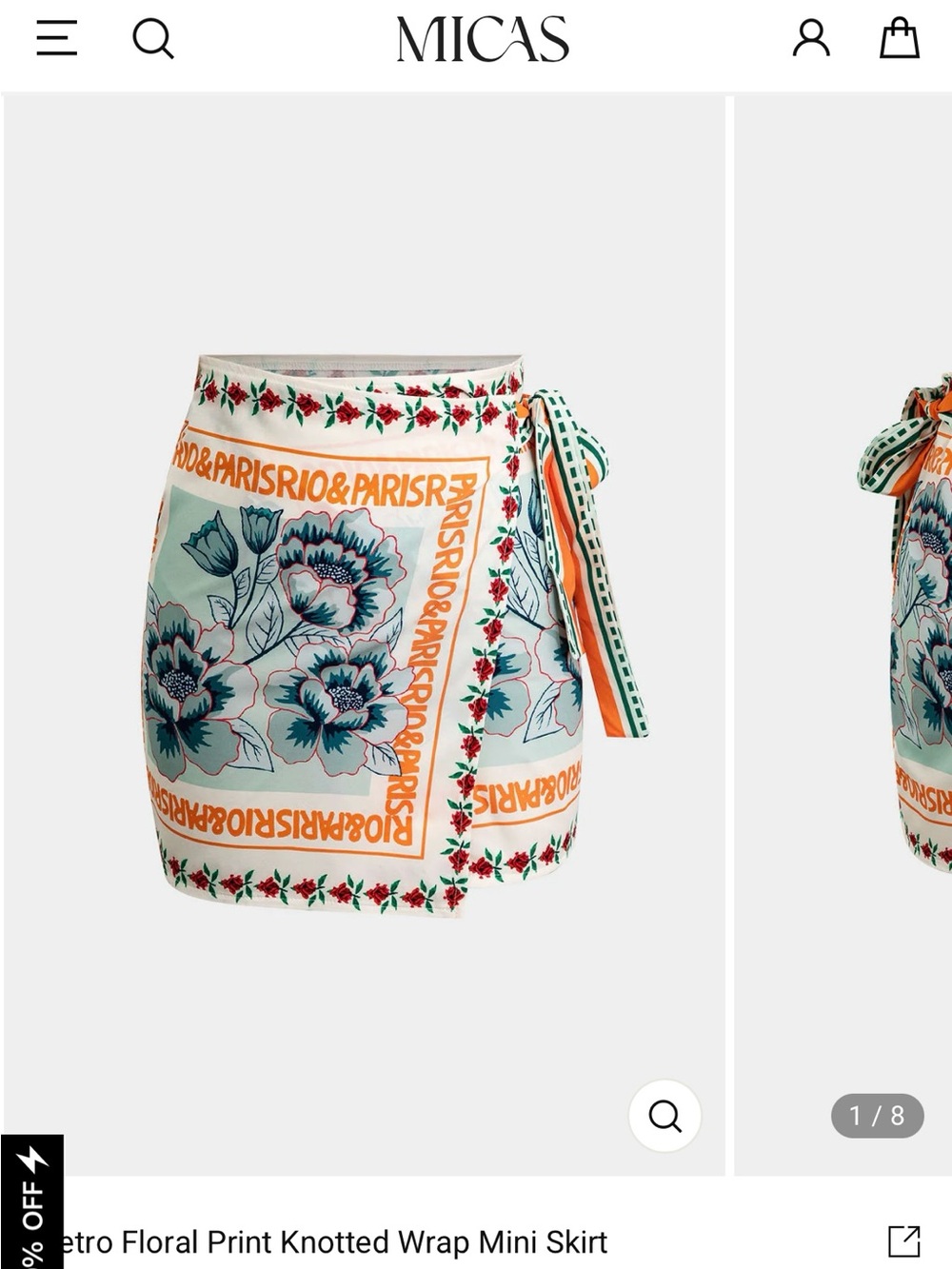 MICAS Retro Floral Print Knotted Wrap Mini Skirt - Cream/Teal/Orange
